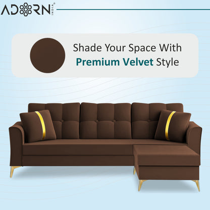 Adorn India Premium Maddox Tufted - 3 Years Warranty - L Shape 4 Seater Sofa Set Velvet Suede Fabric - Brown