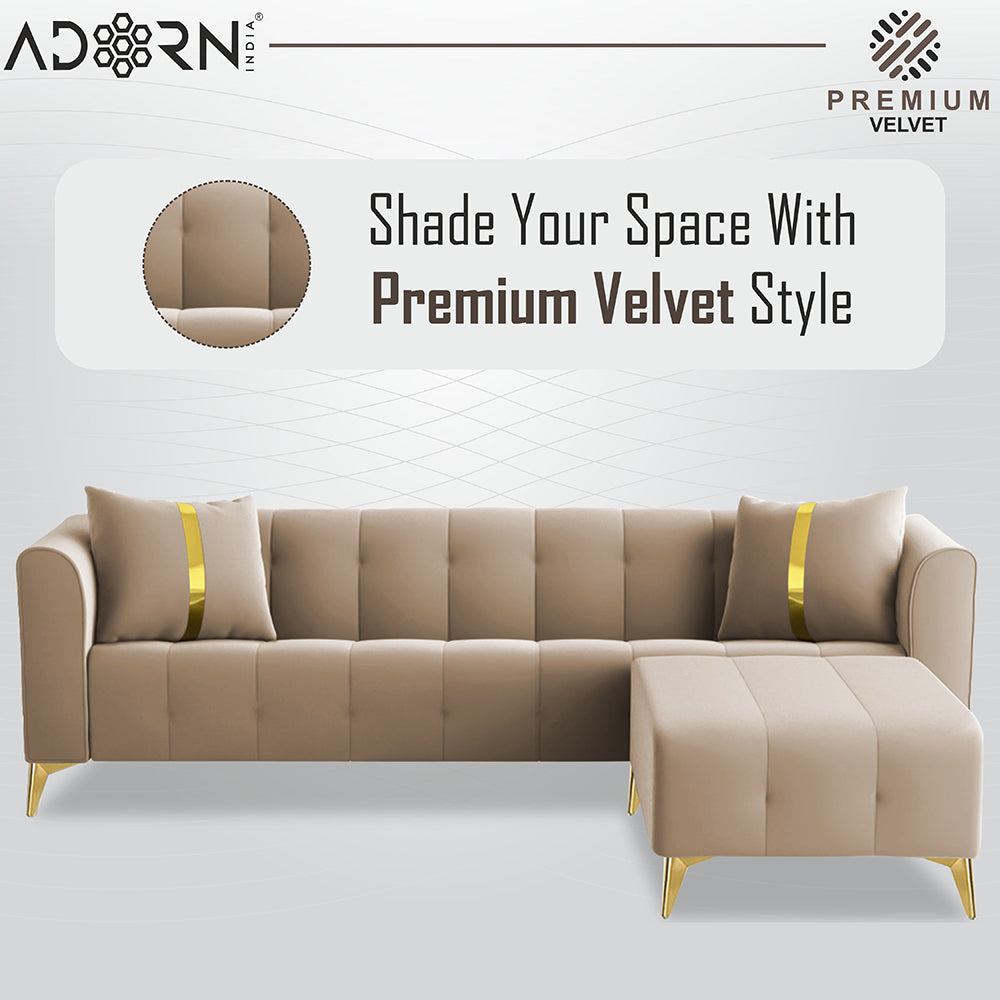 Adorn India Premium Mystic - 3 Years Warranty - L Shape 5 Seater Sofa Set Velvet Suede Fabric - Beige