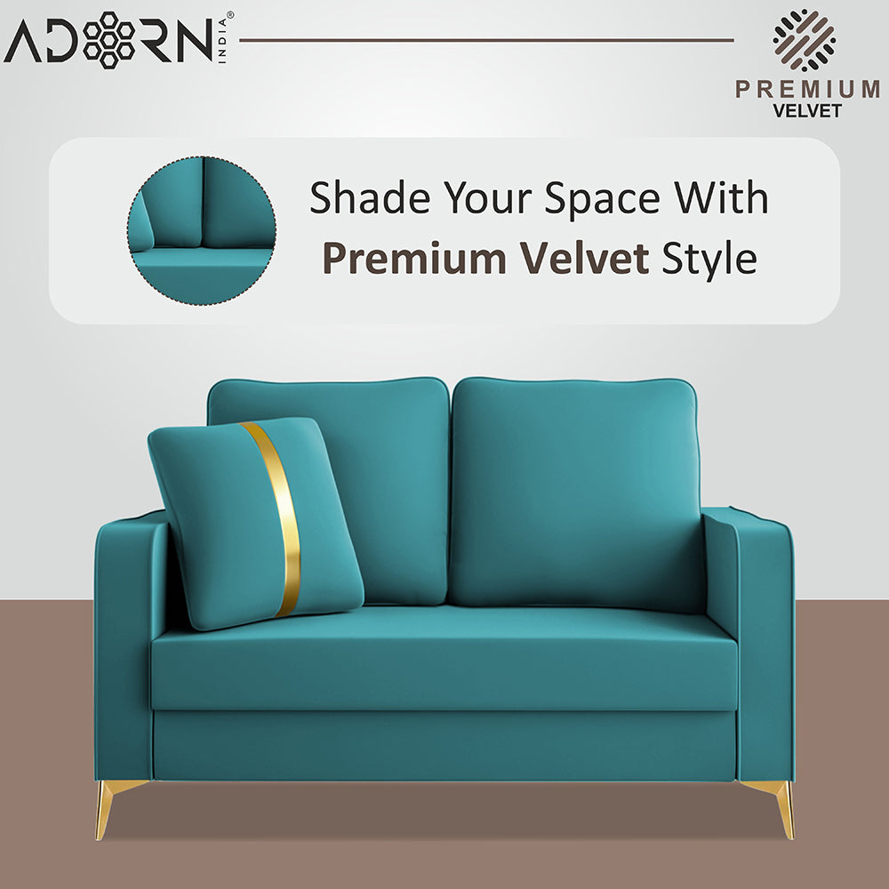 Adorn India Premium Chandler - 3 Years Warranty - 2 Seater Sofa Velvet Suede Fabric - Aqua Blue