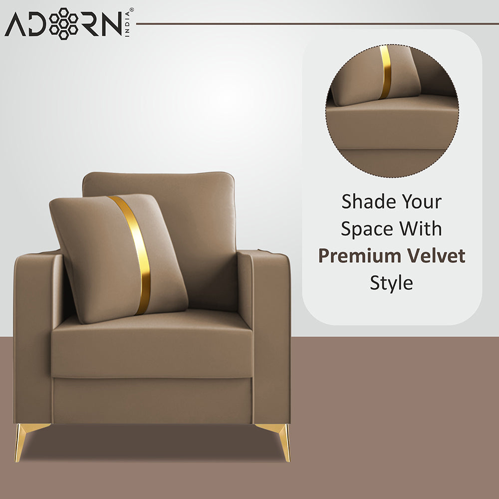 Adorn India Premium Chandler - 3 Years Warranty - 1 Seater Sofa Velvet Suede Fabric - Beige