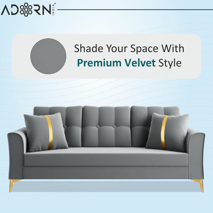 Adorn India Premium Maddox Tufted - 3 Years Warranty - 3 Seater Sofa Velvet Suede Fabric - Grey