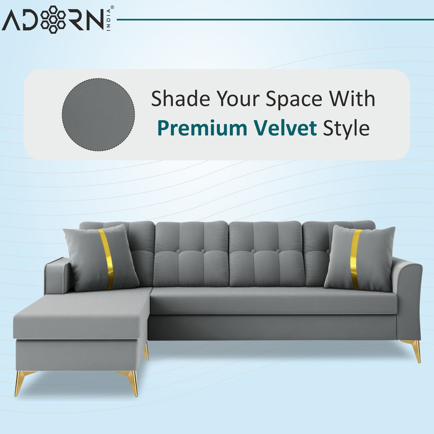 Adorn India Premium Maddox Tufted- 3 Years Warranty - L Shape 5 Seater Sofa Set -LHS-Velvet Suede Fabric - Grey