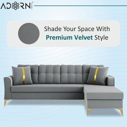 Adorn India Premium Maddox Tufted- 3 Years Warranty - L Shape 5 Seater Sofa Set -RHS-Velvet Suede Fabric - Grey