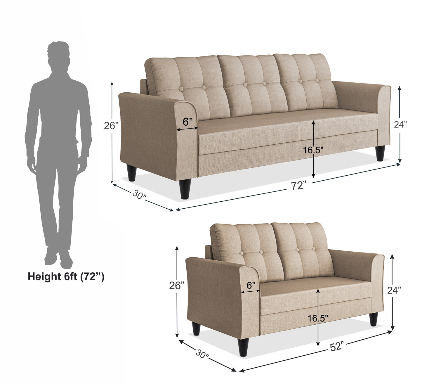 Adorn India Maddox Tufted 3+2 5 Seater Sofa Set (Beige)