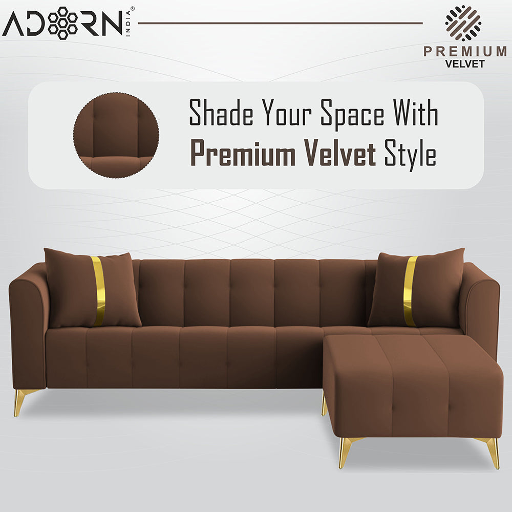 Adorn India Premium Mystic - 3 Years Warranty - L Shape 5 Seater Sofa Set Velvet Suede Fabric - Brown