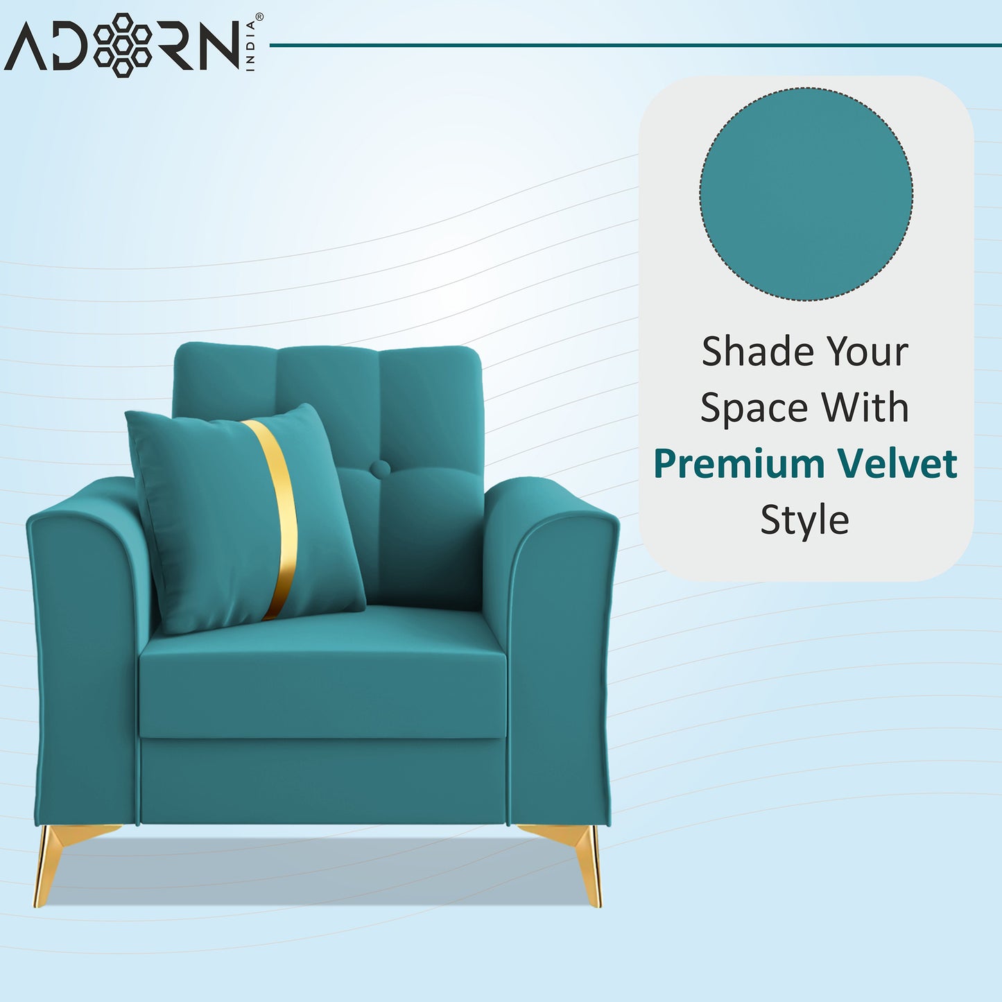 Adorn India Premium Maddox Tufted - 3 Years Warranty - 1 Seater Sofa Velvet Suede Fabric - Aqua Blue