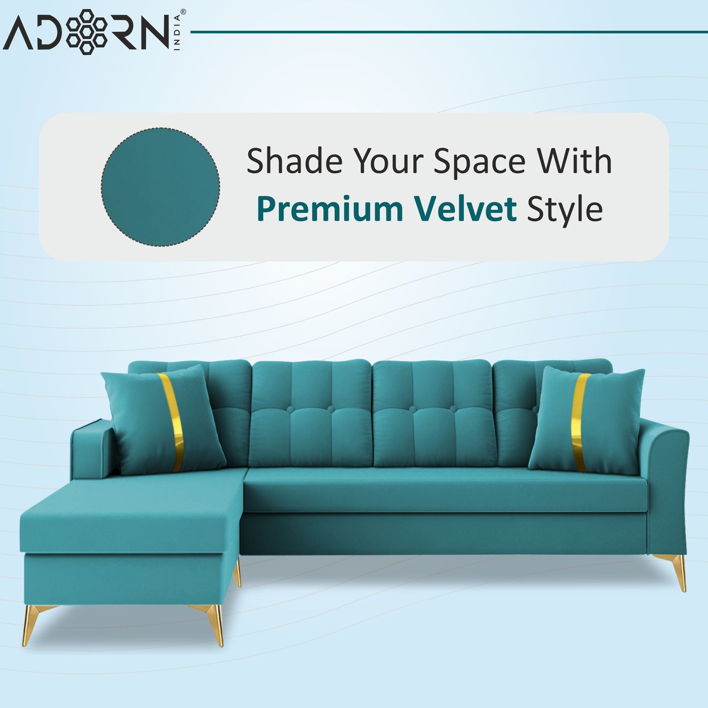 Adorn India Premium Maddox Tufted- 3 Years Warranty - L Shape 5 Seater Sofa Set -LHS-Velvet Suede Fabric - Aqua Blue