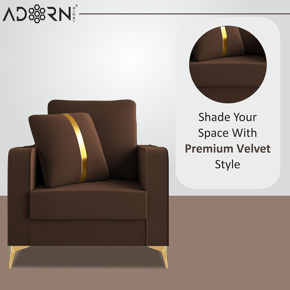 Adorn India Premium Chandler - 3 Years Warranty - 1 Seater Sofa Velvet Suede Fabric - Brown