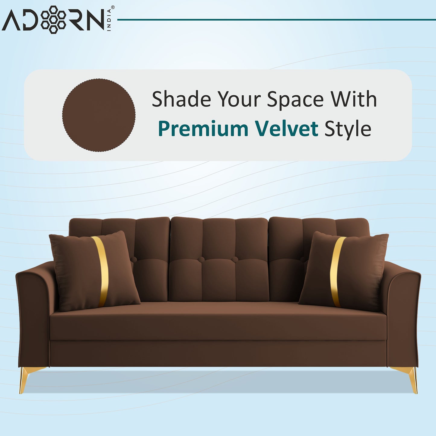 Adorn India Premium Maddox Tufted - 3 Years Warranty - 3 Seater Sofa Velvet Suede Fabric - Brown