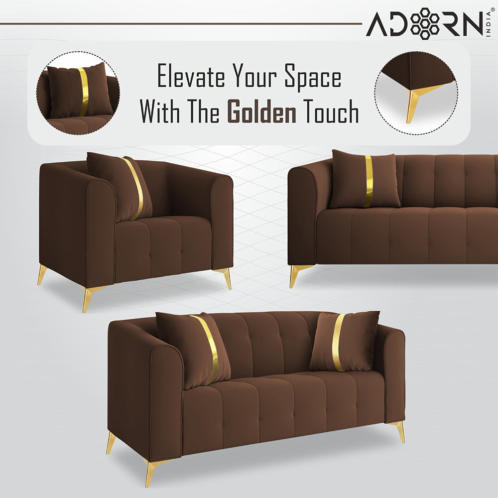 Adorn India Premium Mystic - 3 Years Warranty - 3+2+1 Sofa Set Velvet Suede Fabric -Brown