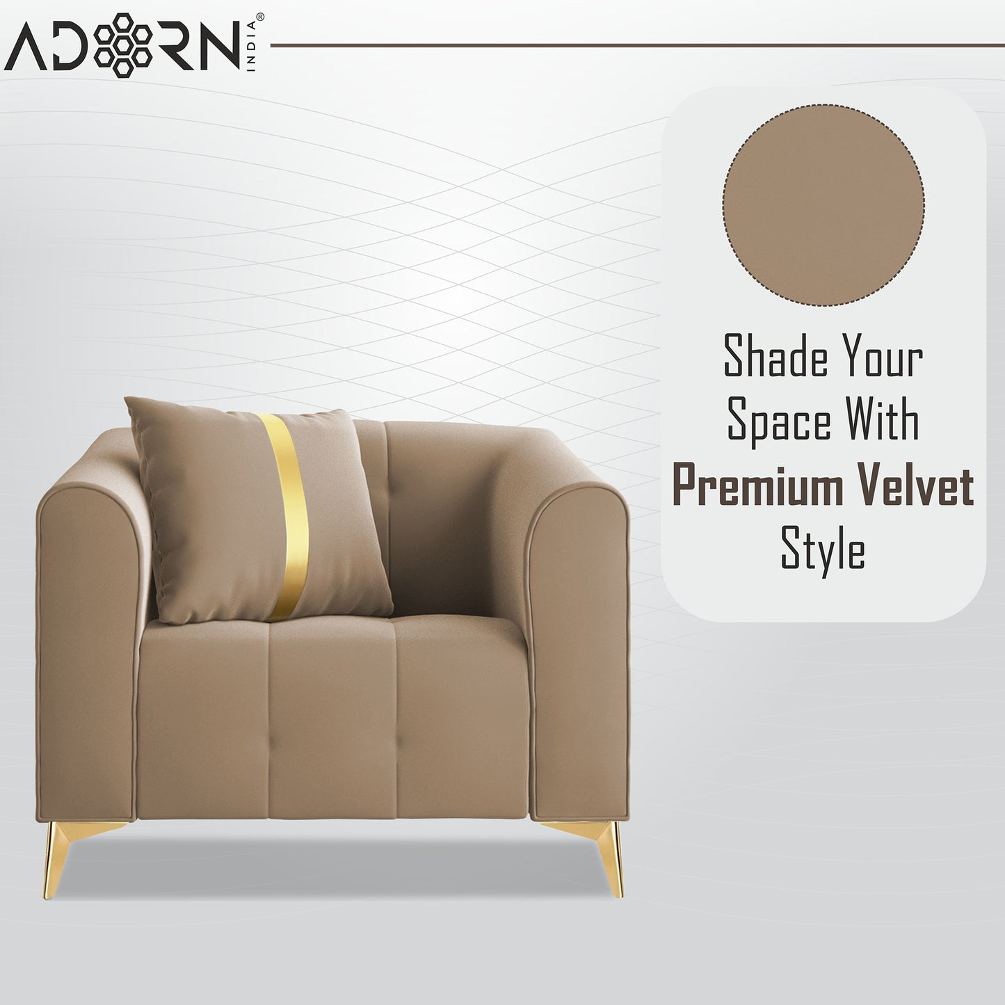 Adorn India Premium Mystic - 3 Years Warranty - 1 Seater Sofa Velvet Suede Fabric - Beige