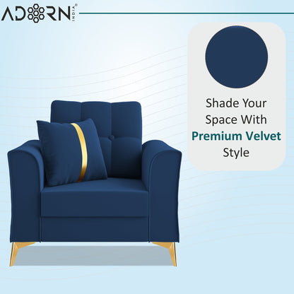 Adorn India Premium Maddox Tufted - 3 Years Warranty - 1 Seater Sofa Velvet Suede Fabric - Blue