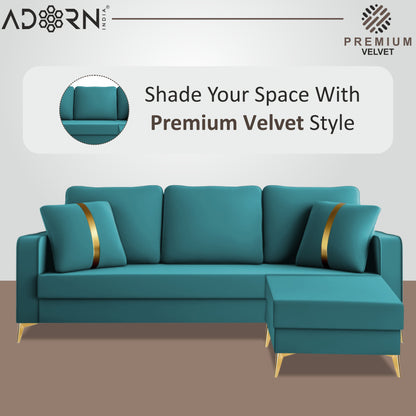 Adorn India Premium Chandler - 3 Years Warranty - L Shape 4 Seater Sofa Set Velvet Suede Fabric - Aqua Blue