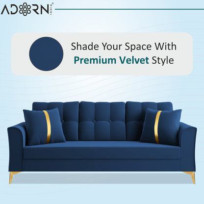 Adorn India Premium Maddox Tufted - 3 Years Warranty - 3 Seater Sofa Velvet Suede Fabric - Blue