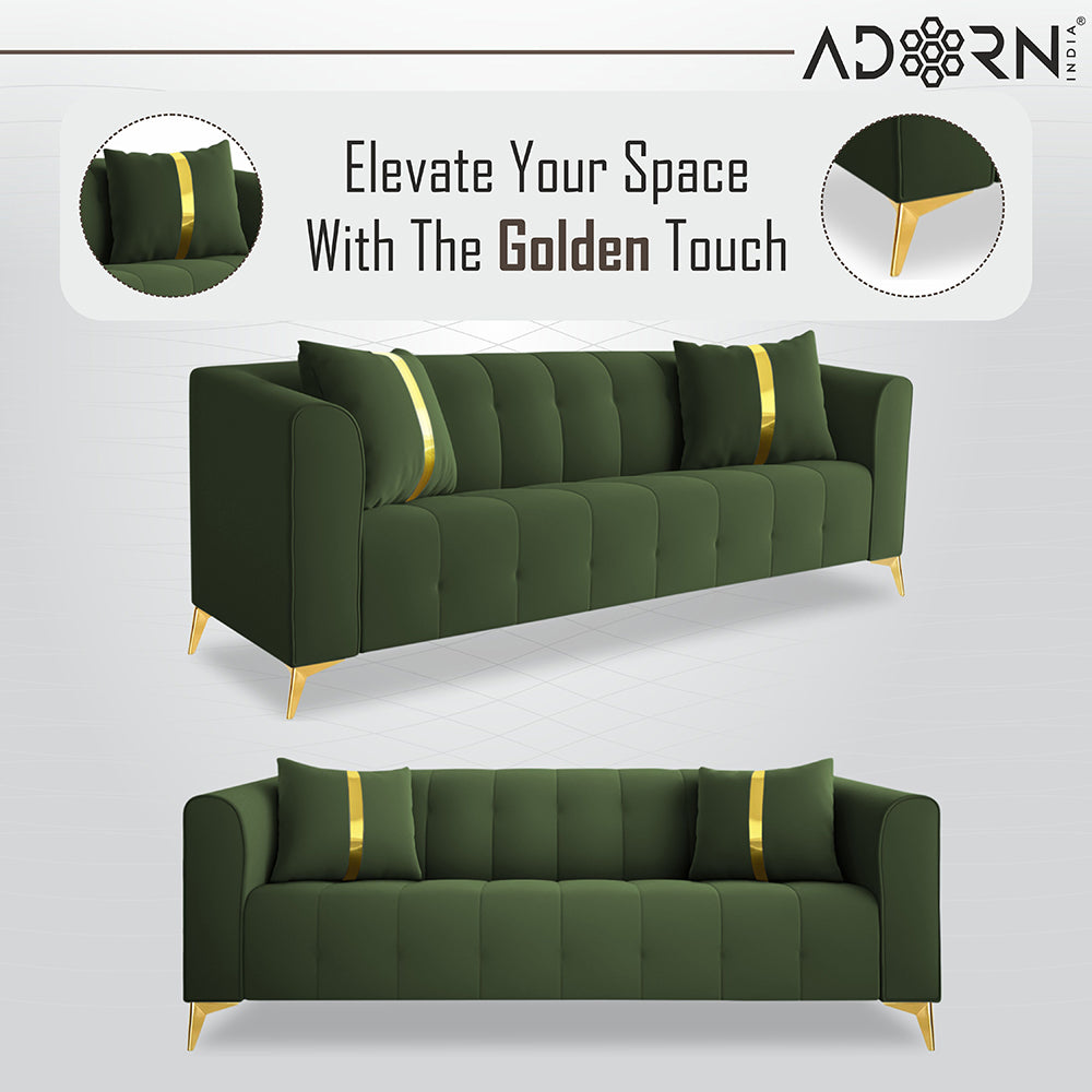 Adorn India Premium Mystic - 3 Years Warranty - 3+2 Sofa Set Velvet Suede Fabric - Green