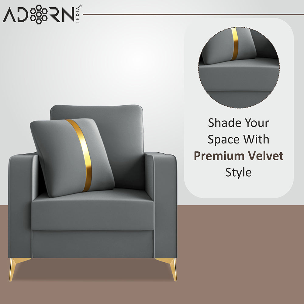 Adorn India Premium Chandler - 3 Years Warranty - 1 Seater Sofa Velvet Suede Fabric - Grey