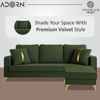 Adorn India Premium Chandler - 3 Years Warranty - L Shape 4 Seater Sofa Set Velvet Suede Fabric - Green