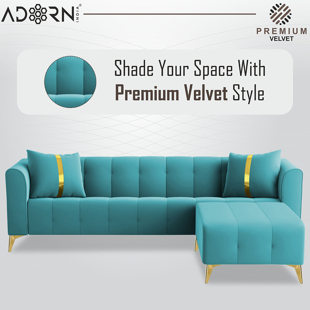 Adorn India Premium Mystic - 3 Years Warranty - L Shape 5 Seater Sofa Set Velvet Suede Fabric - Aqua Blue