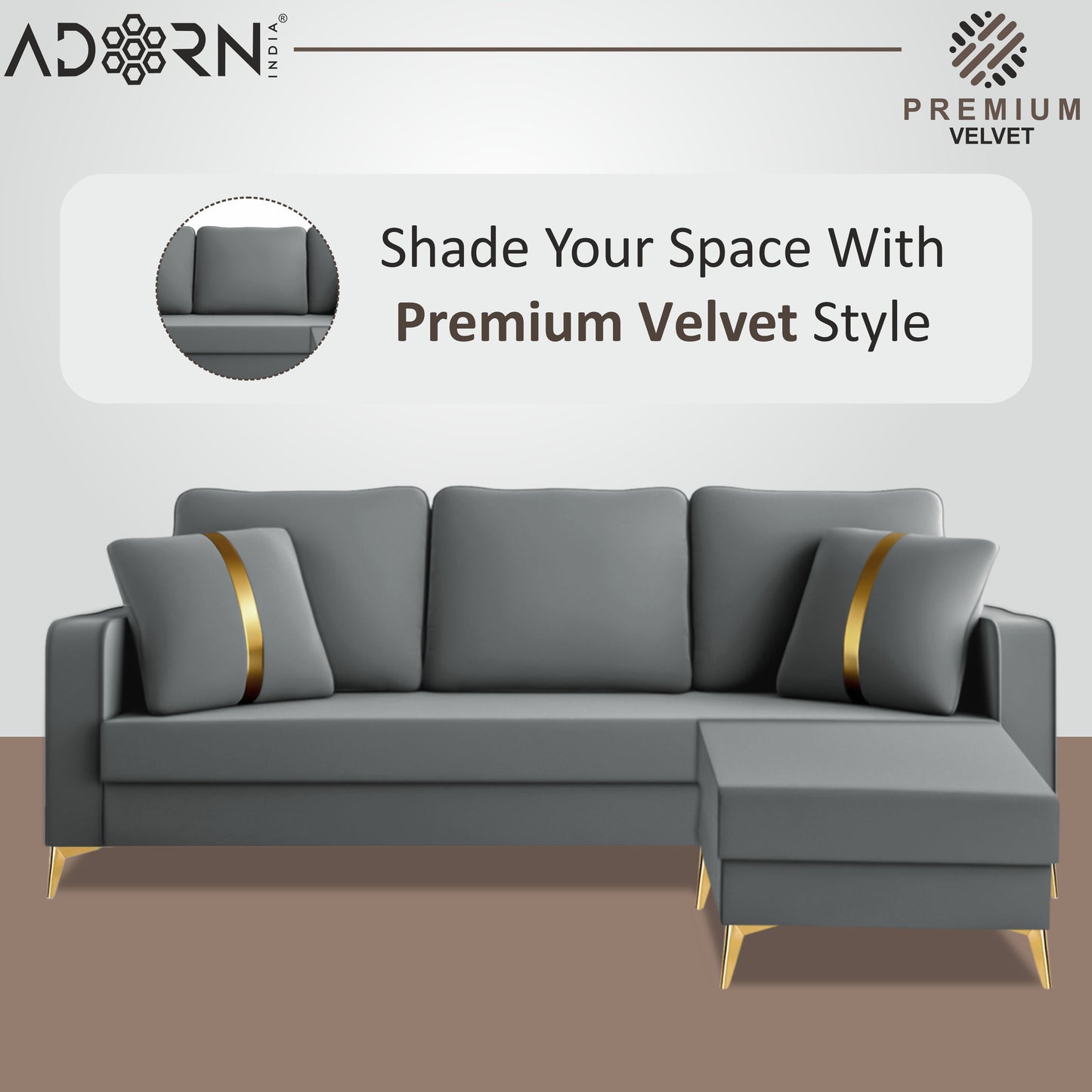 Adorn India Premium Chandler - 3 Years Warranty - L Shape 4 Seater Sofa Set Velvet Suede Fabric - Grey