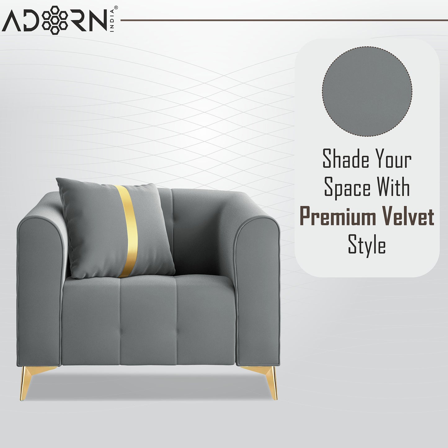 Adorn India Premium Mystic - 3 Years Warranty - 1 Seater Sofa Velvet Suede Fabric - Grey