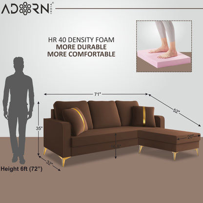 Adorn India Premium Chandler - 3 Years Warranty - L Shape 4 Seater Sofa Set Velvet Suede Fabric - Brown