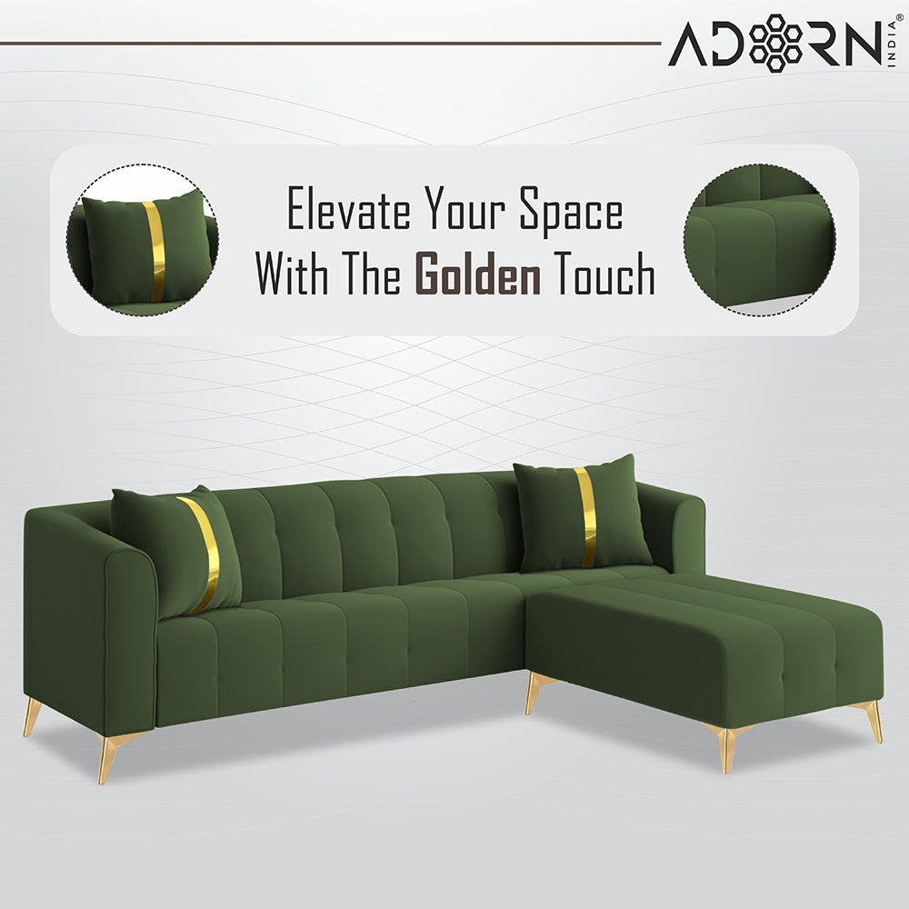 Adorn India Premium Mystic - 3 Years Warranty - L Shape 5 Seater Sofa Set Velvet Suede Fabric - Green