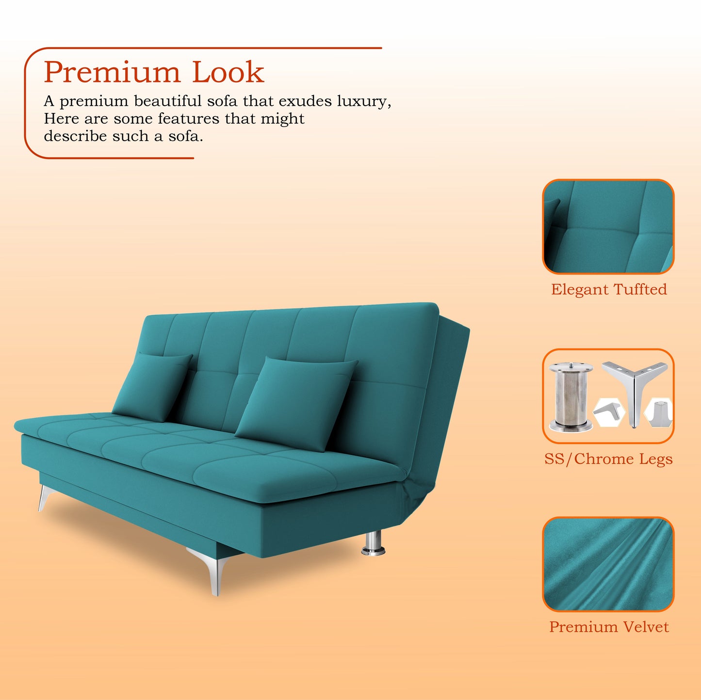 Adorn India New Aspen 3 Seater Sofa Cum Bed 4X6 Velvet (Aqua Blue) (2 Year Warranty)