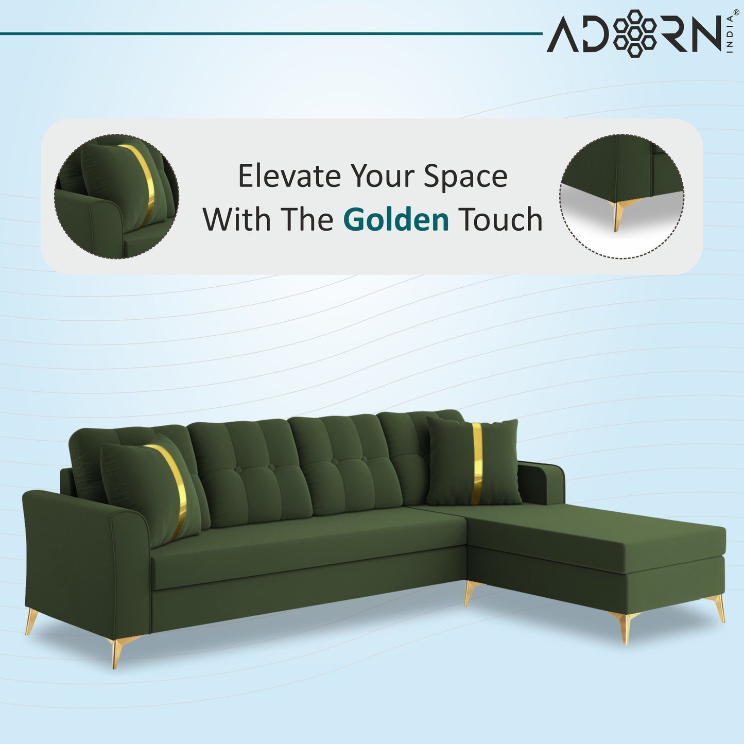 Adorn India Premium Maddox Tufted- 3 Years Warranty - L Shape 5 Seater Sofa Set -RHS-Velvet Suede Fabric - Green