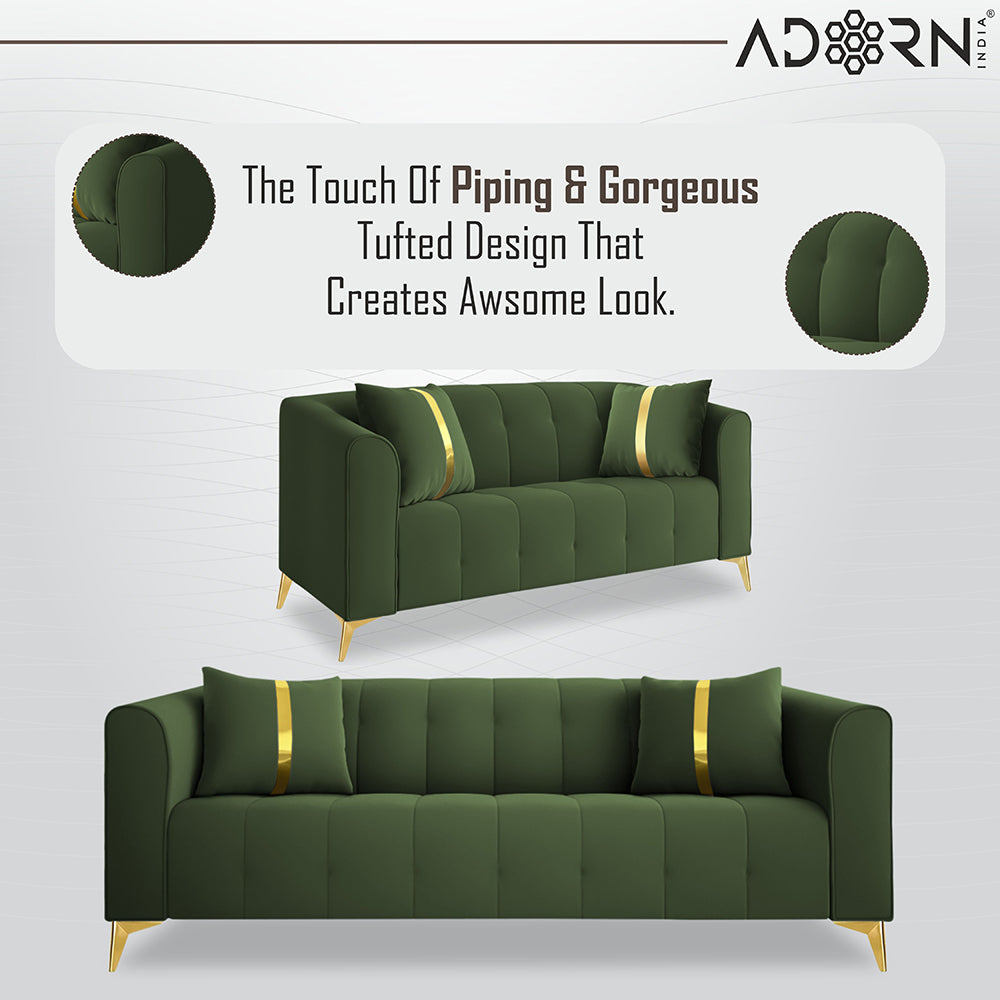 Adorn India Premium Mystic - 3 Years Warranty - 3+2+1 Sofa Set Velvet Suede Fabric - Green