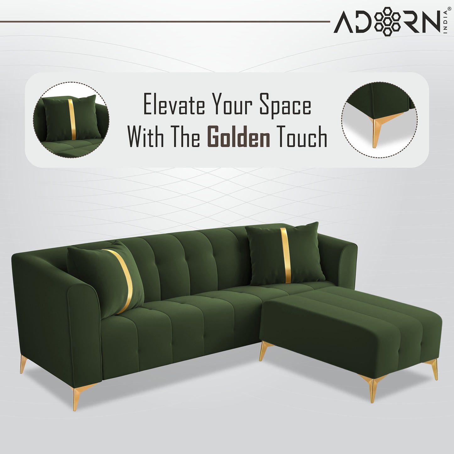 Adorn India Premium Mystic - 3 Years Warranty - L Shape 4 Seater Sofa Set Velvet Suede Fabric - Green