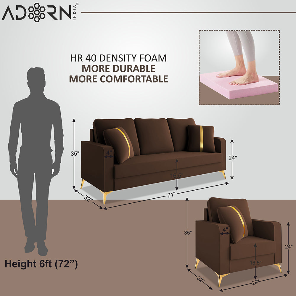 Adorn India Premium Chandler - 3 Years Warranty - 3+1+1 Sofa Set Velvet Suede Fabric - Brown