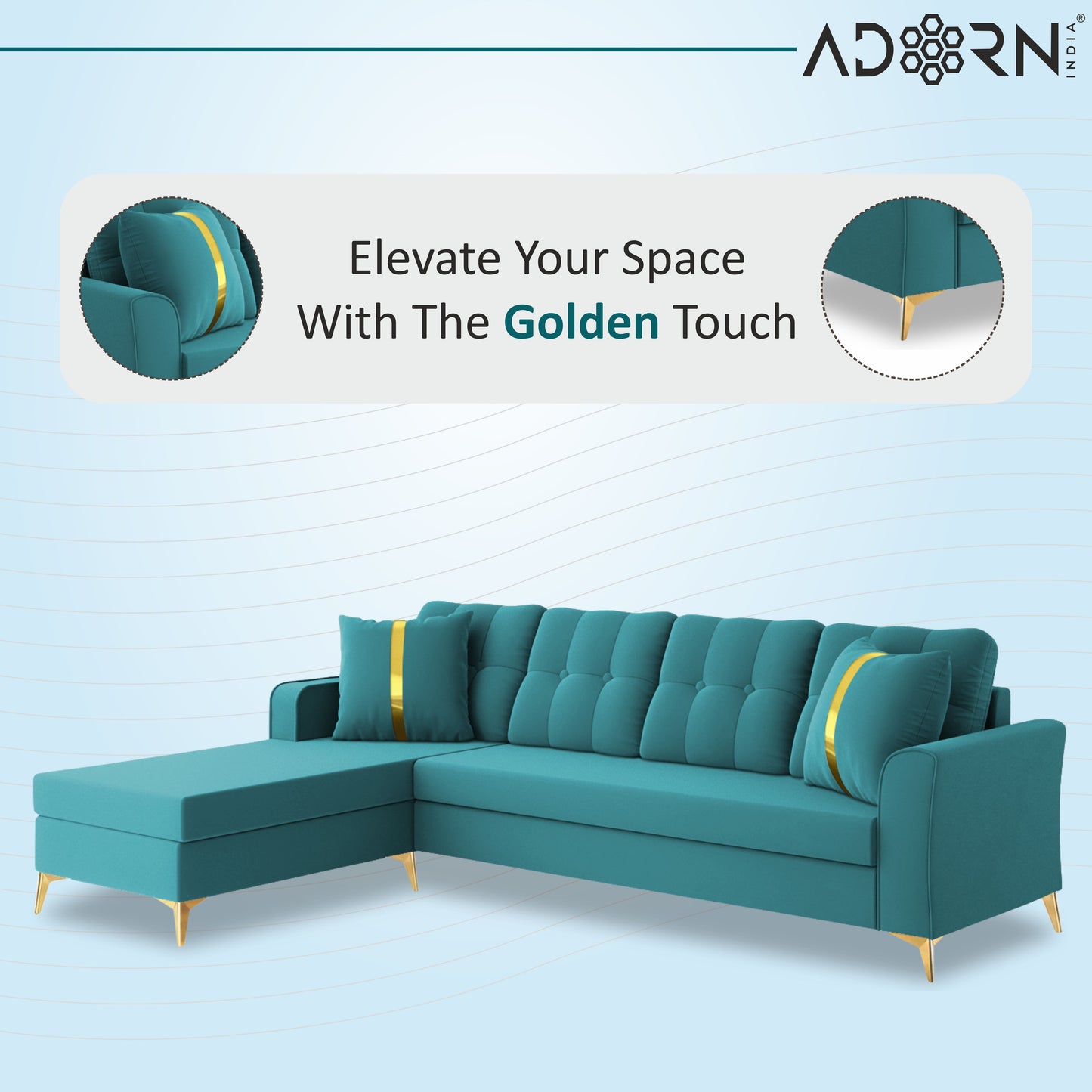 Adorn India Premium Maddox Tufted- 3 Years Warranty - L Shape 5 Seater Sofa Set -LHS-Velvet Suede Fabric - Aqua Blue