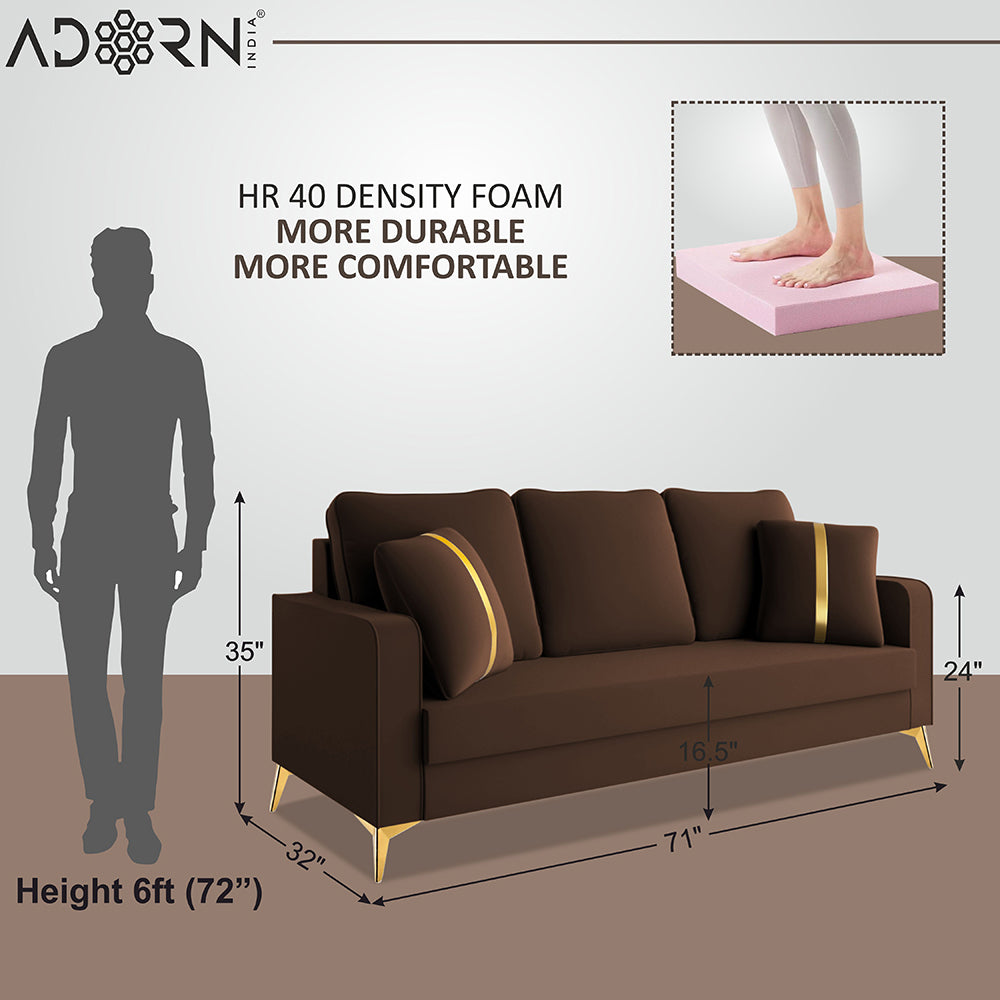 Adorn India Premium Chandler - 3 Years Warranty - 3 Seater Sofa Velvet Suede Fabric - Brown