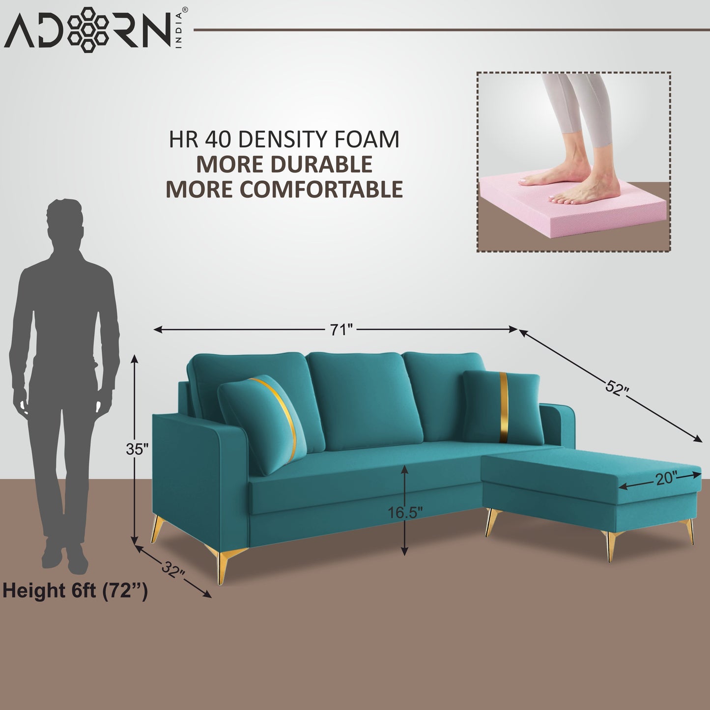 Adorn India Premium Chandler - 3 Years Warranty - L Shape 4 Seater Sofa Set Velvet Suede Fabric - Aqua Blue