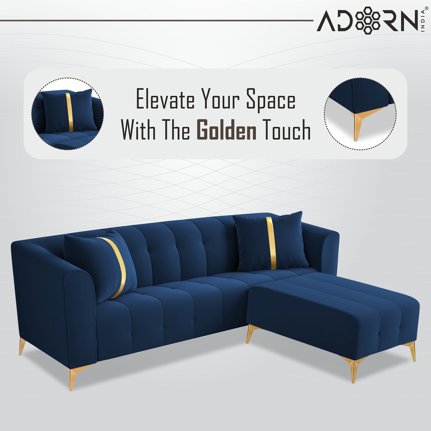 Adorn India Premium Mystic - 3 Years Warranty - L Shape 4 Seater Sofa Set Velvet Suede Fabric - Blue