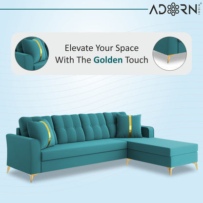 Adorn India Premium Maddox Tufted- 3 Years Warranty - L Shape 5 Seater Sofa Set -RHS-Velvet Suede Fabric - Aqua Blue