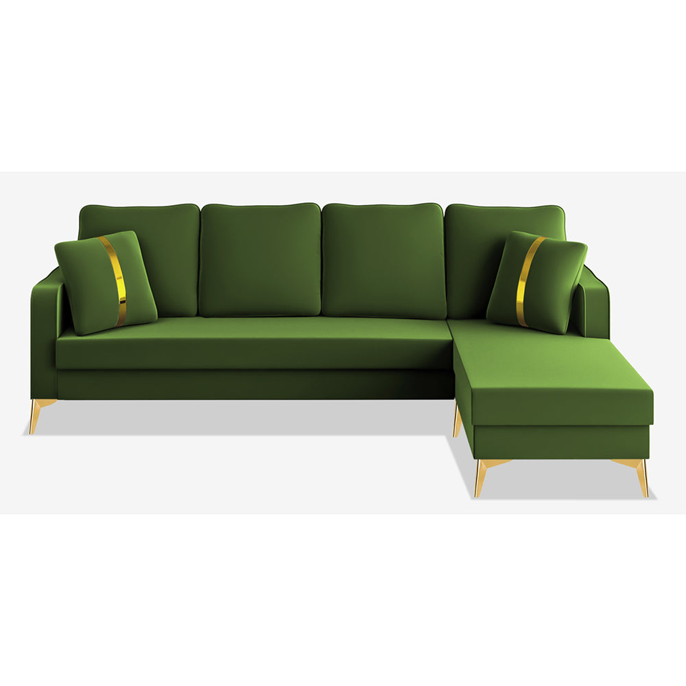 Adorn India Premium Chandler - 3 Years Warranty - L Shape 5 Seater Sofa Set -RHS- Velvet Suede Fabric - Green