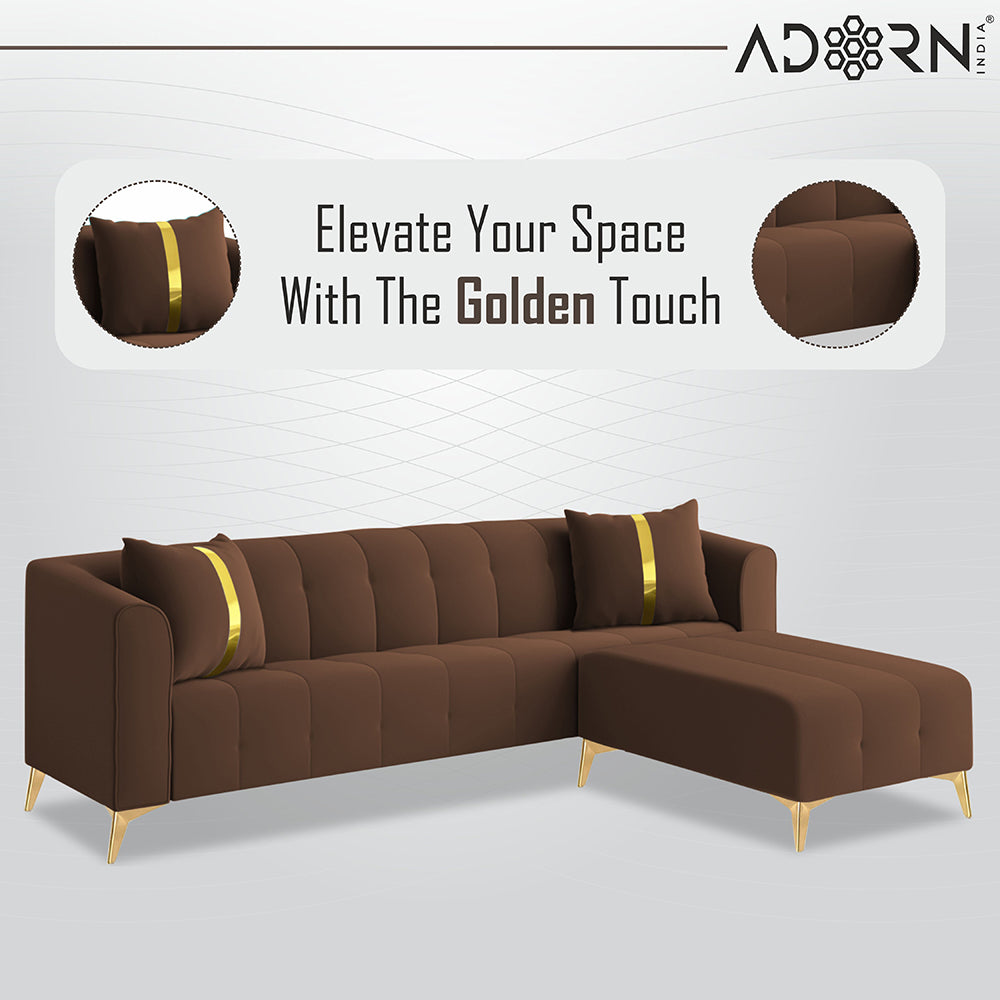 Adorn India Premium Mystic - 3 Years Warranty - L Shape 5 Seater Sofa Set Velvet Suede Fabric - Brown