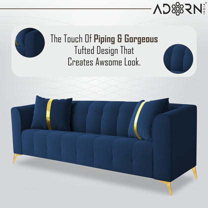 Adorn India Premium Mystic - 3 Years Warranty - 3+1+1 Sofa Set Velvet Suede Fabric - Blue