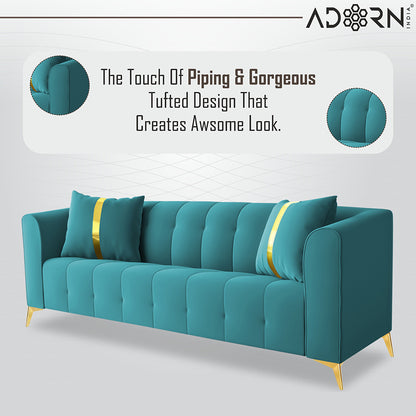 Adorn India Premium Mystic - 3 Years Warranty - 3+1+1 Sofa Set Velvet Suede Fabric - Aqua Blue