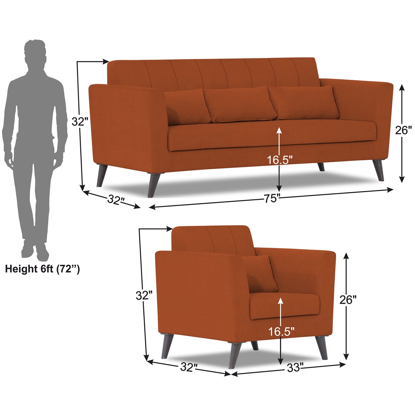 Adorn India Daniel 3+1+1 5 Seater Sofa Set (Rust)