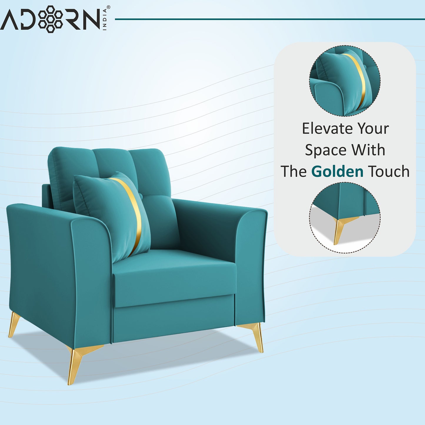 Adorn India Premium Maddox Tufted - 3 Years Warranty - 1 Seater Sofa Velvet Suede Fabric - Aqua Blue