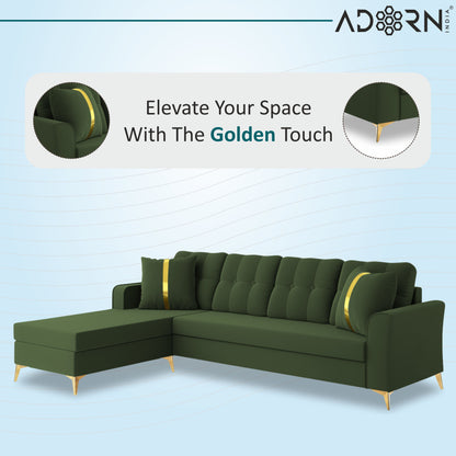 Adorn India Premium Maddox Tufted- 3 Years Warranty - L Shape 5 Seater Sofa Set -LHS-Velvet Suede Fabric - Green