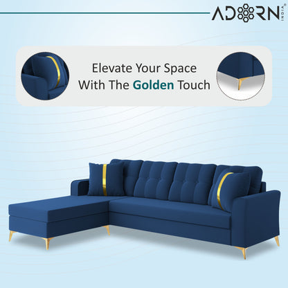 Adorn India Premium Maddox Tufted- 3 Years Warranty - L Shape 5 Seater Sofa Set -LHS-Velvet Suede Fabric -Blue