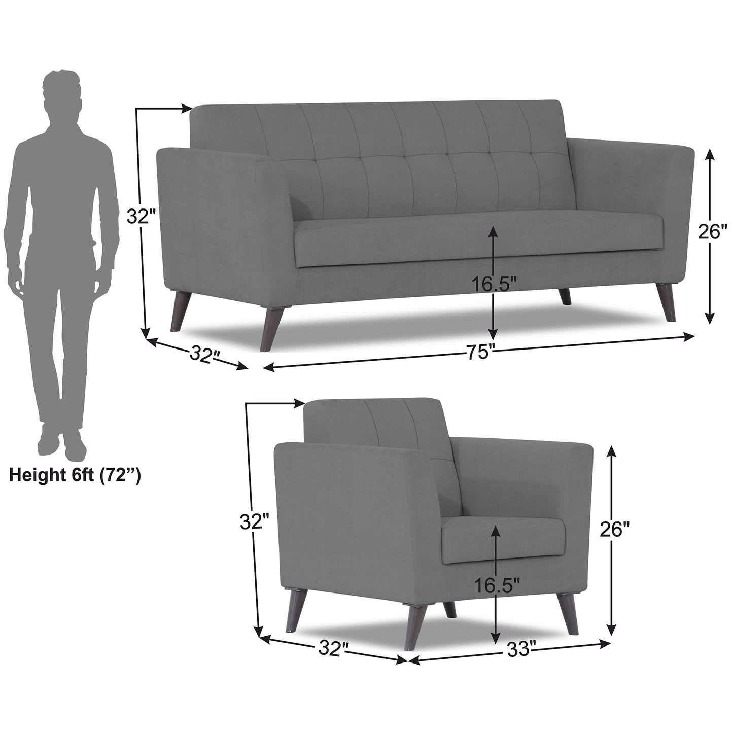 Adorn India Dannis 3+1+1 5 Seater Sofa Set (Grey)