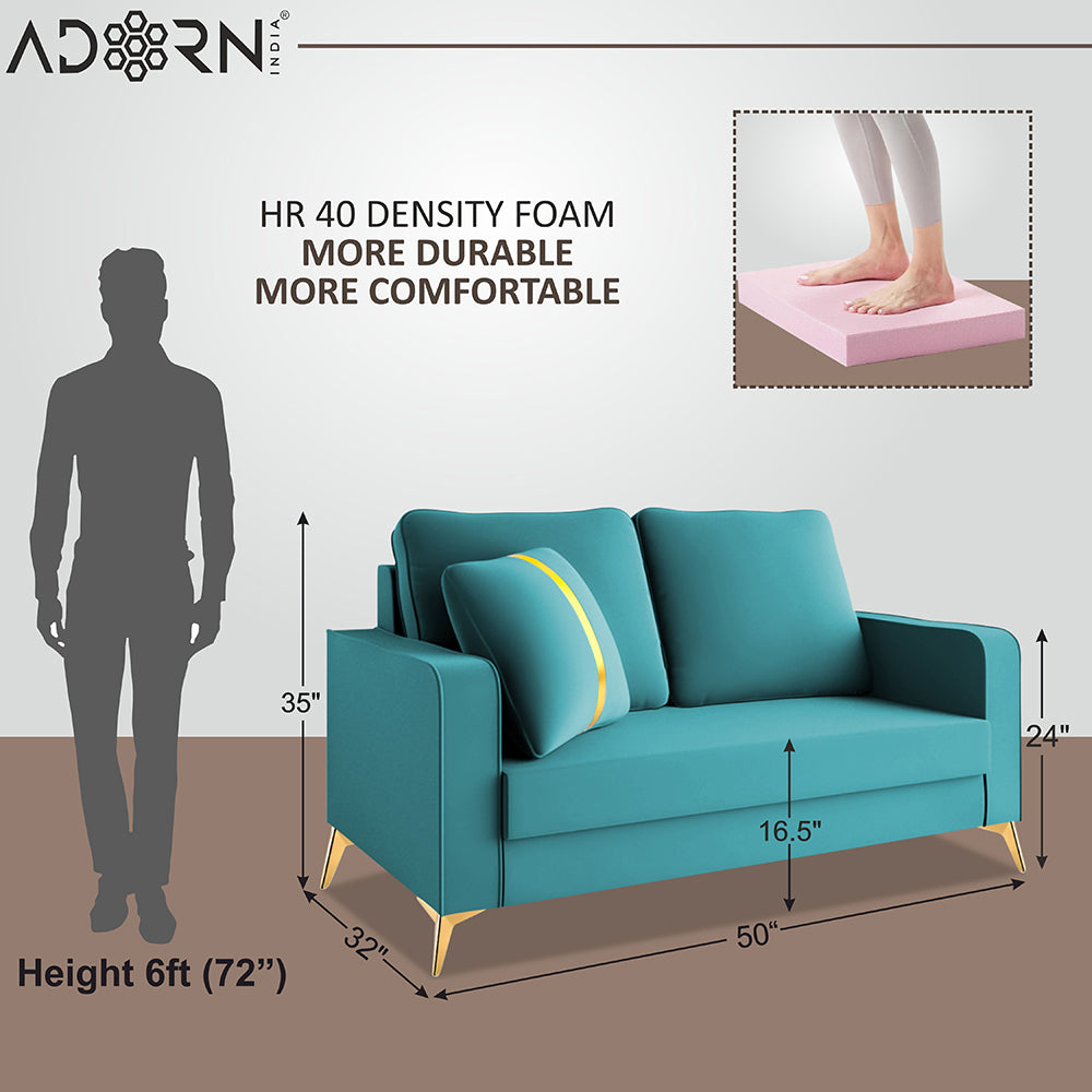 Adorn India Premium Chandler - 3 Years Warranty - 2 Seater Sofa Velvet Suede Fabric - Aqua Blue