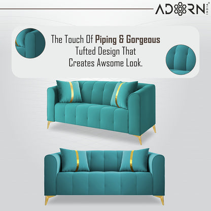 Adorn India Premium Mystic - 3 Years Warranty - 3+2 Sofa Set Velvet Suede Fabric - Aqua Blue