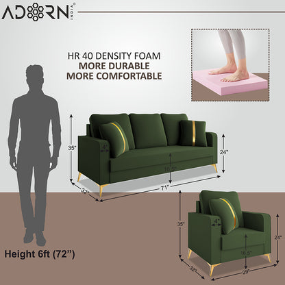 Adorn India Premium Chandler - 3 Years Warranty - 3+1+1 Sofa Set Velvet Suede Fabric - Green