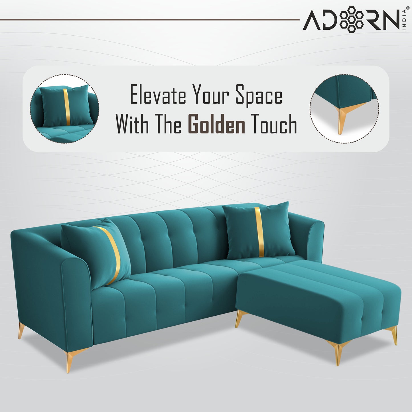 Adorn India Premium Mystic - 3 Years Warranty - L Shape 4 Seater Sofa Set Velvet Suede Fabric - Aqua Blue