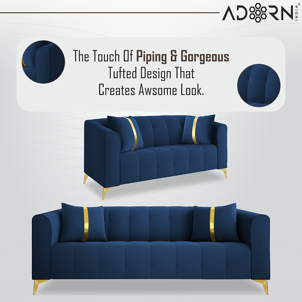 Adorn India Premium Mystic - 3 Years Warranty - 3+2+1 Sofa Set Velvet Suede Fabric - Blue